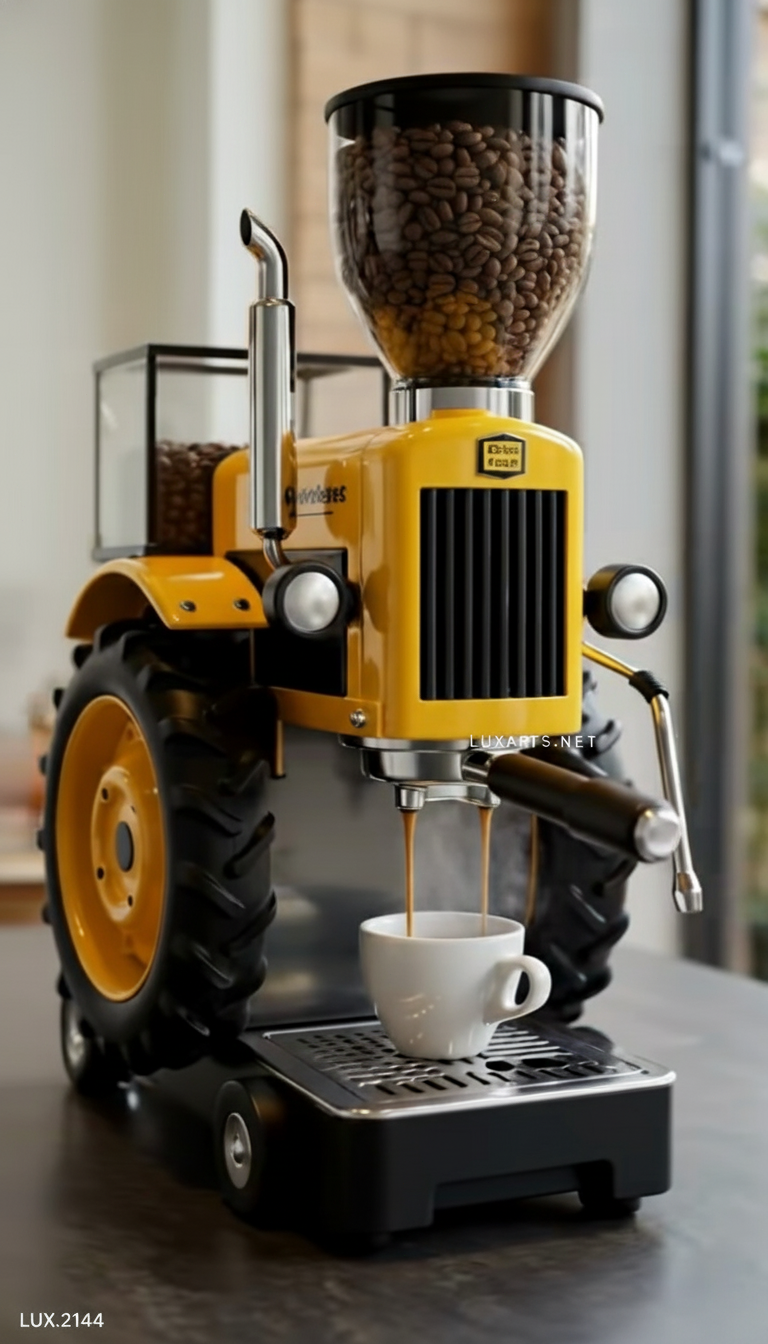 Coffee grinder designed like a vintage tractor pouring coffee into a cup.