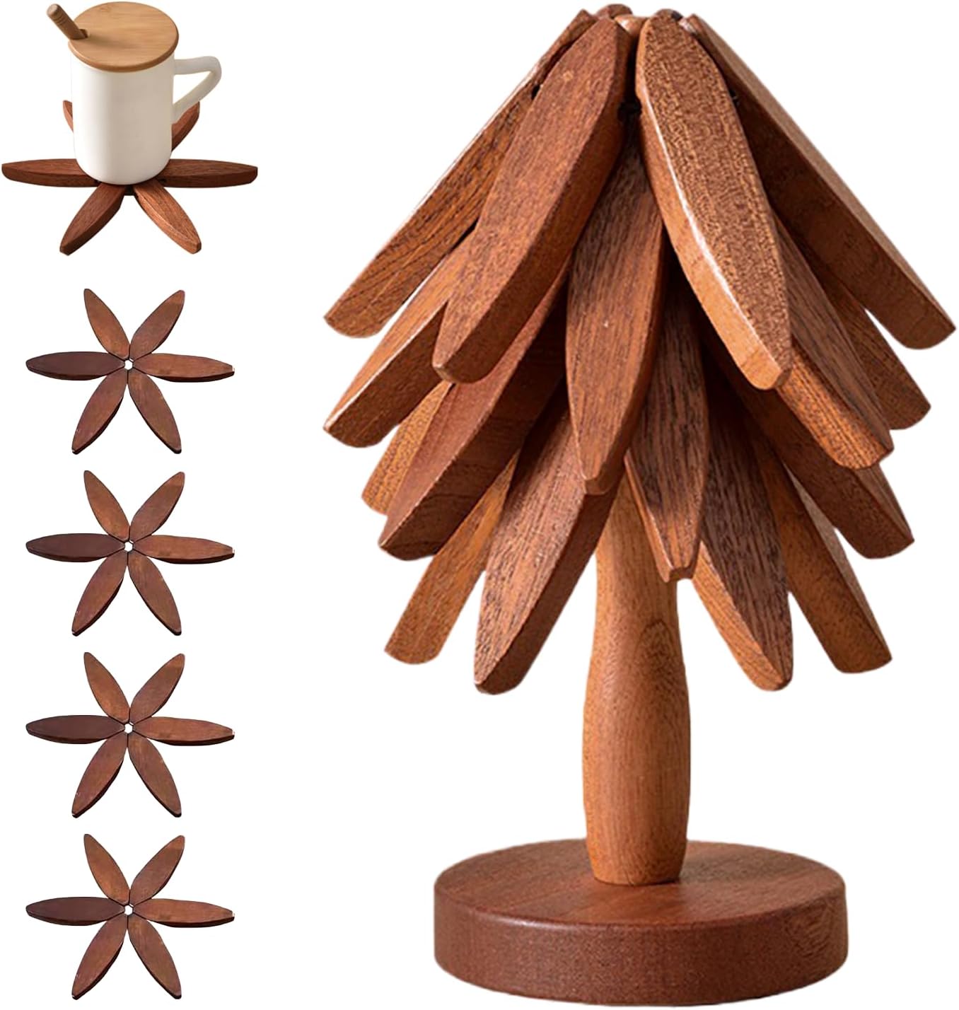 ✨Natural Tree Trivet Set - 4 Wooden Trivets & 1 Stand Like a Christmas Tree