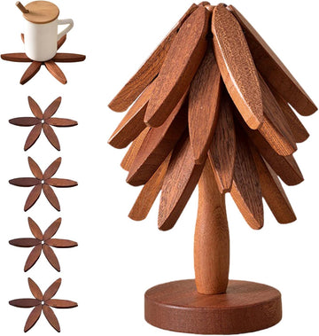 ✨Natural Tree Trivet Set - 4 Wooden Trivets & 1 Stand Like a Christmas Tree